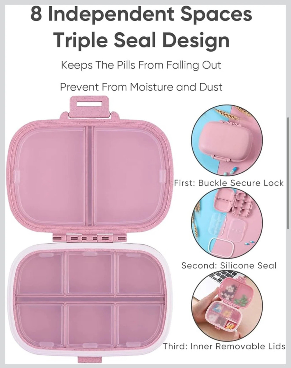Daily Pill Organizer Pink 8 Compartment Travel Medicine Case Weekly